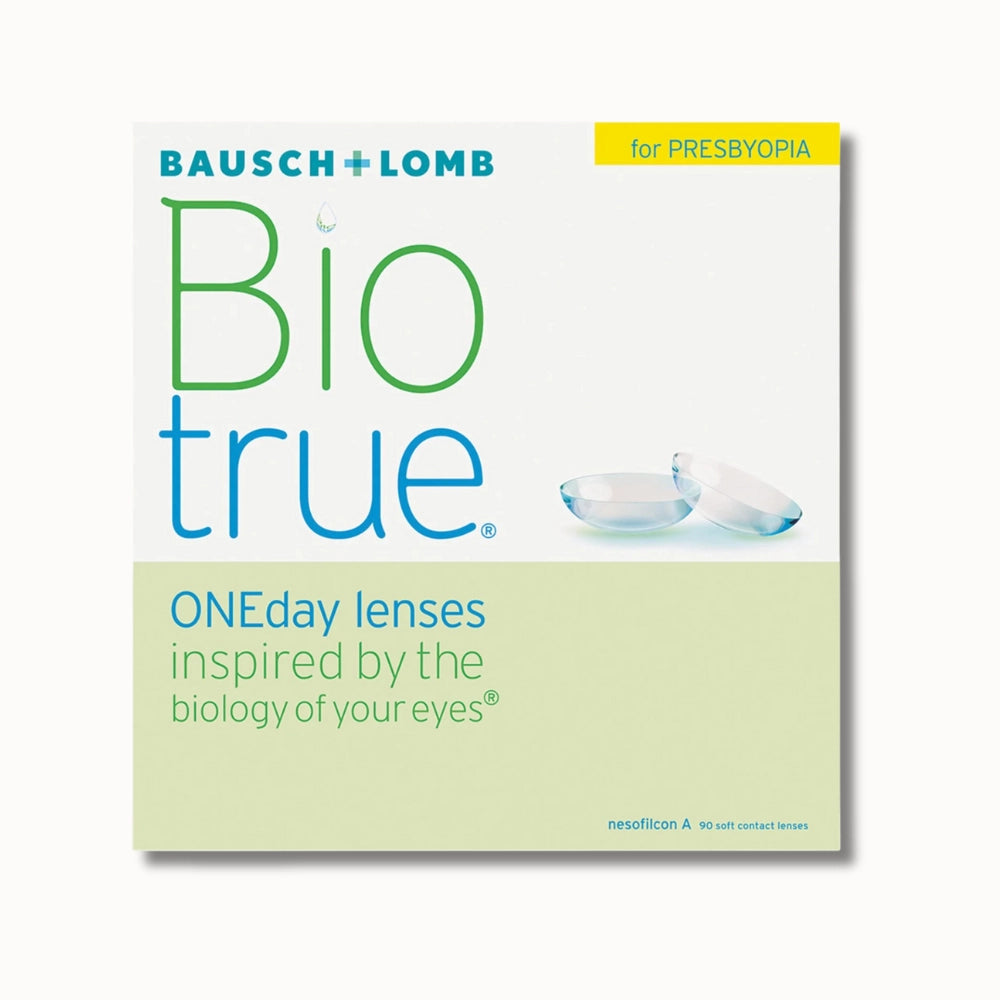 Bausch & Lomb Biotrue ONEday for presbyopia contact lenses packaging on a white background