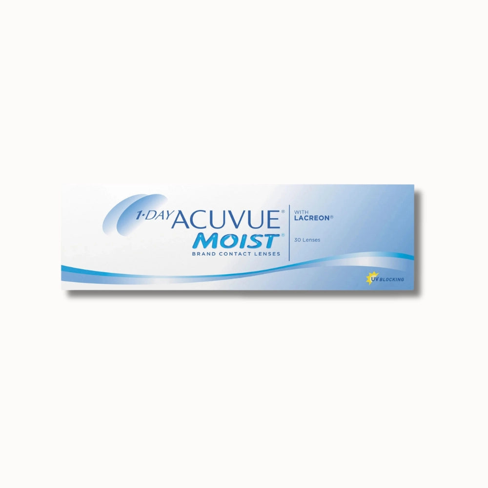 30 pack 1-day Acuvue Moist box of contact lenses on white background
