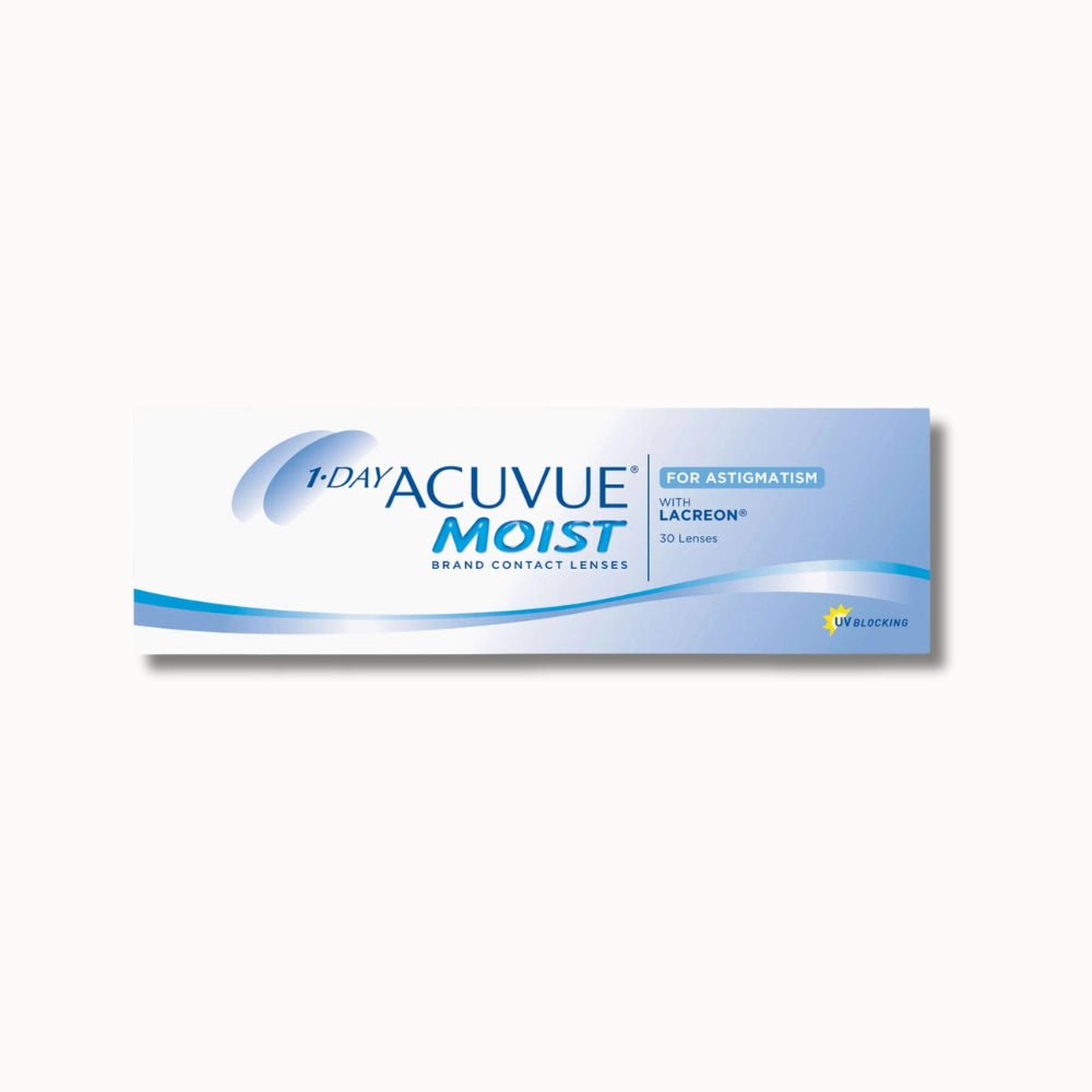 30 pack 1-Day Acuvue Moist for Astigmatism contact lenses packaging on a white background