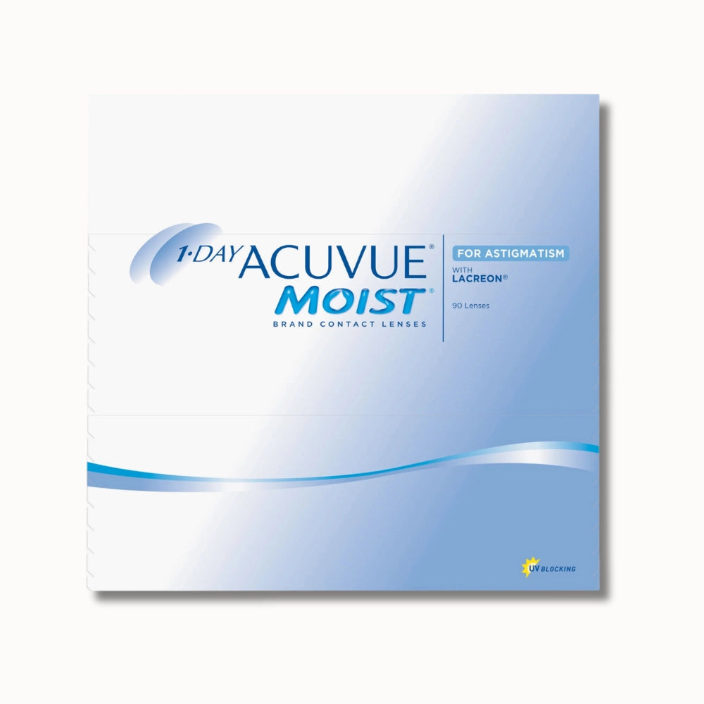 1-Day Acuvue Moist for Astigmatism contact lenses packaging on a white background