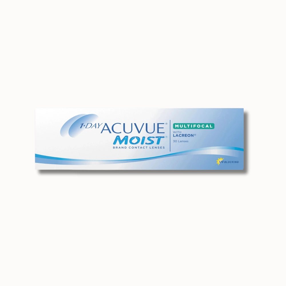 30 pack 1-Day Acuvue Moist Multifocal contact lens box on white background