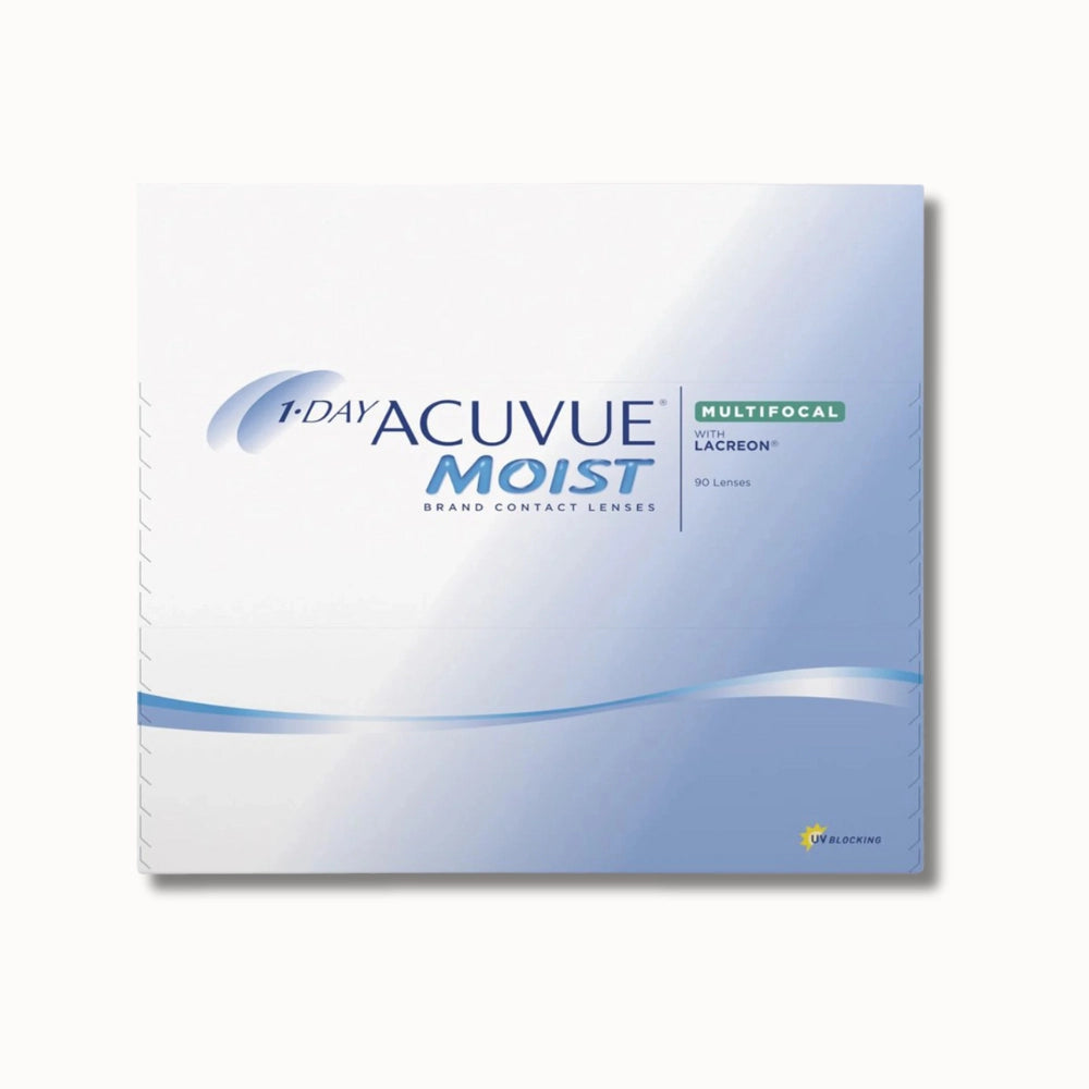 1-Day Acuvue Moist Multifocal contact lens box on white background
