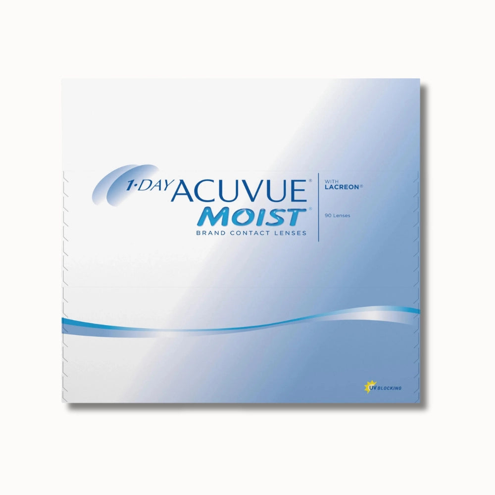 1-day Acuvue Moist box of contact lenses on white background