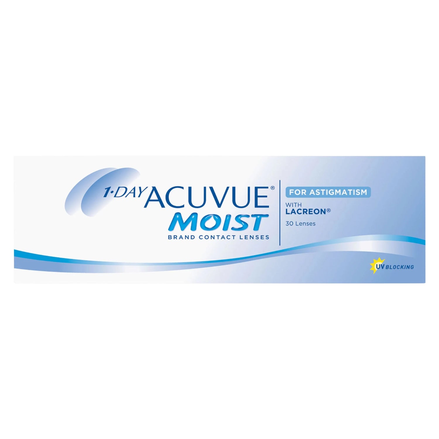 30 pack 1-Day Acuvue Moist for Astigmatism contact lenses packaging on a white background