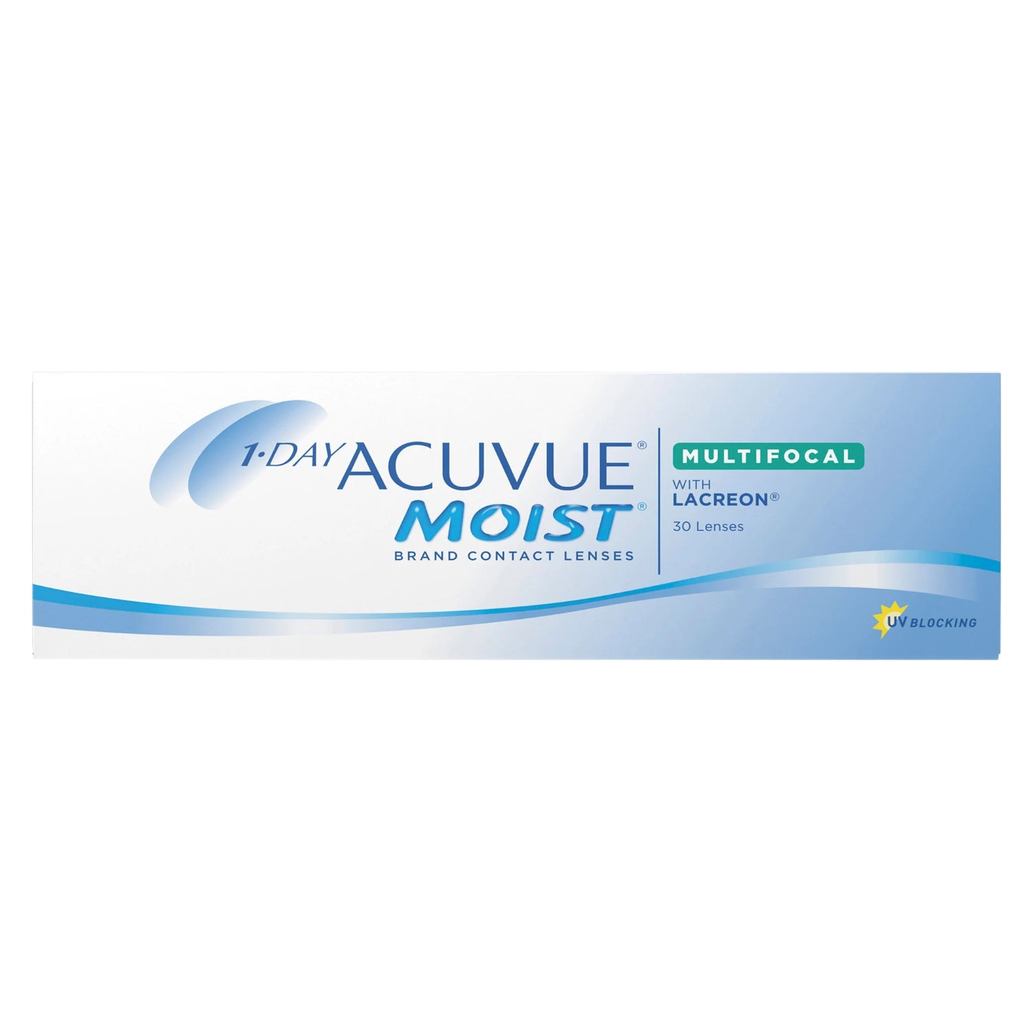 30 pack 1-Day Acuvue Moist Multifocal contact lens box on white background