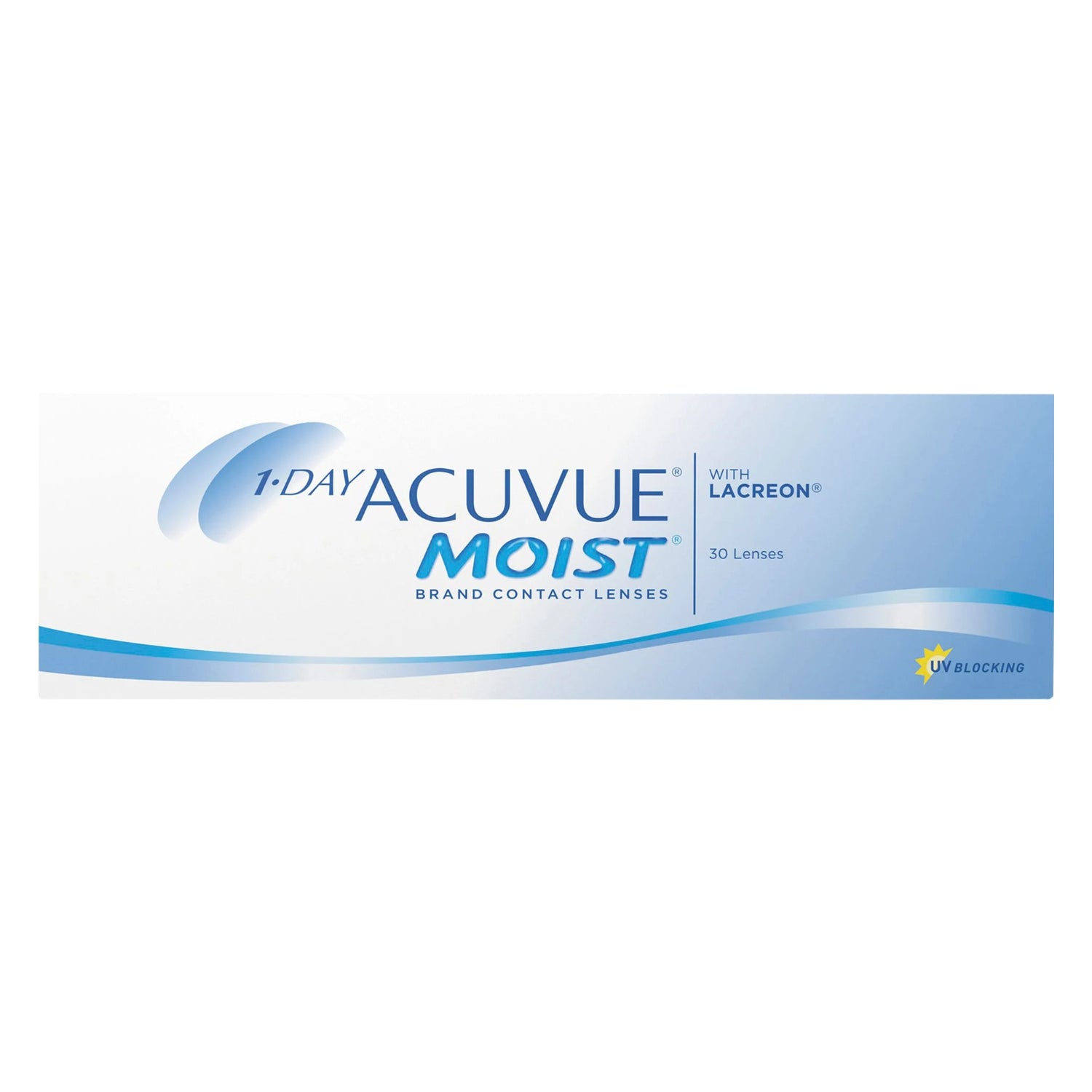30 pack 1-day Acuvue Moist box of contact lenses on white background