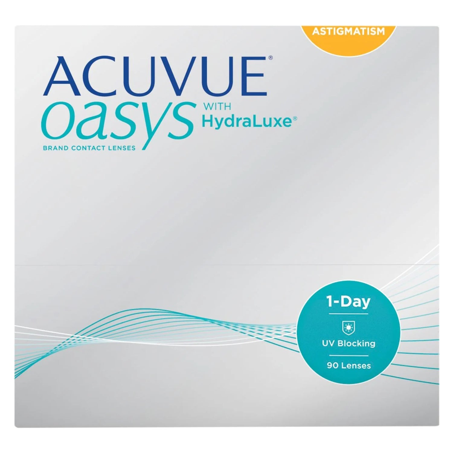 Acuvue Oasys 1-Day for Astigmatism contact lenses box on white background