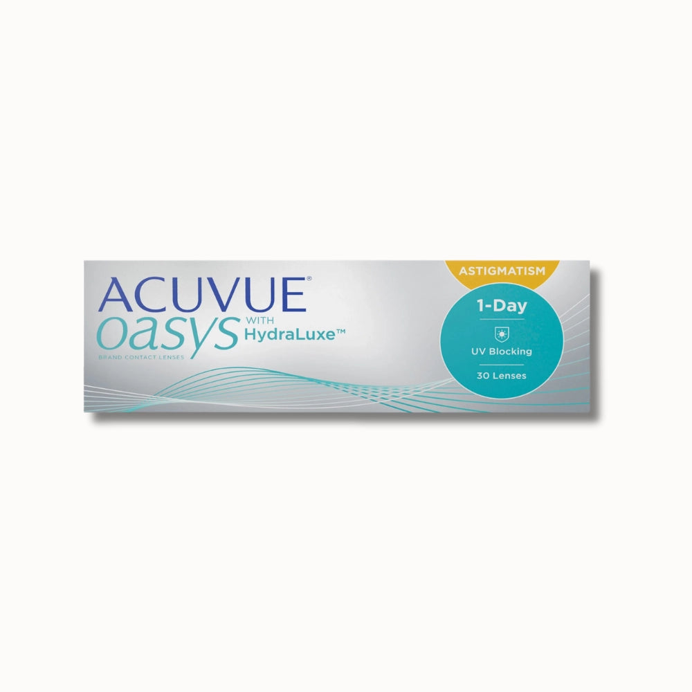 30 pack Acuvue Oasys 1-Day for Astigmatism contact lenses box on white background