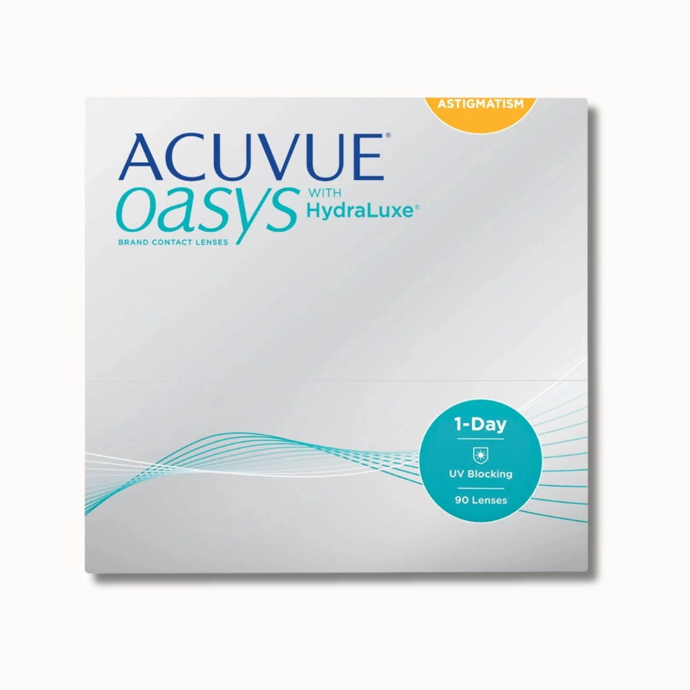 Acuvue Oasys 1-Day for Astigmatism contact lenses box on white background