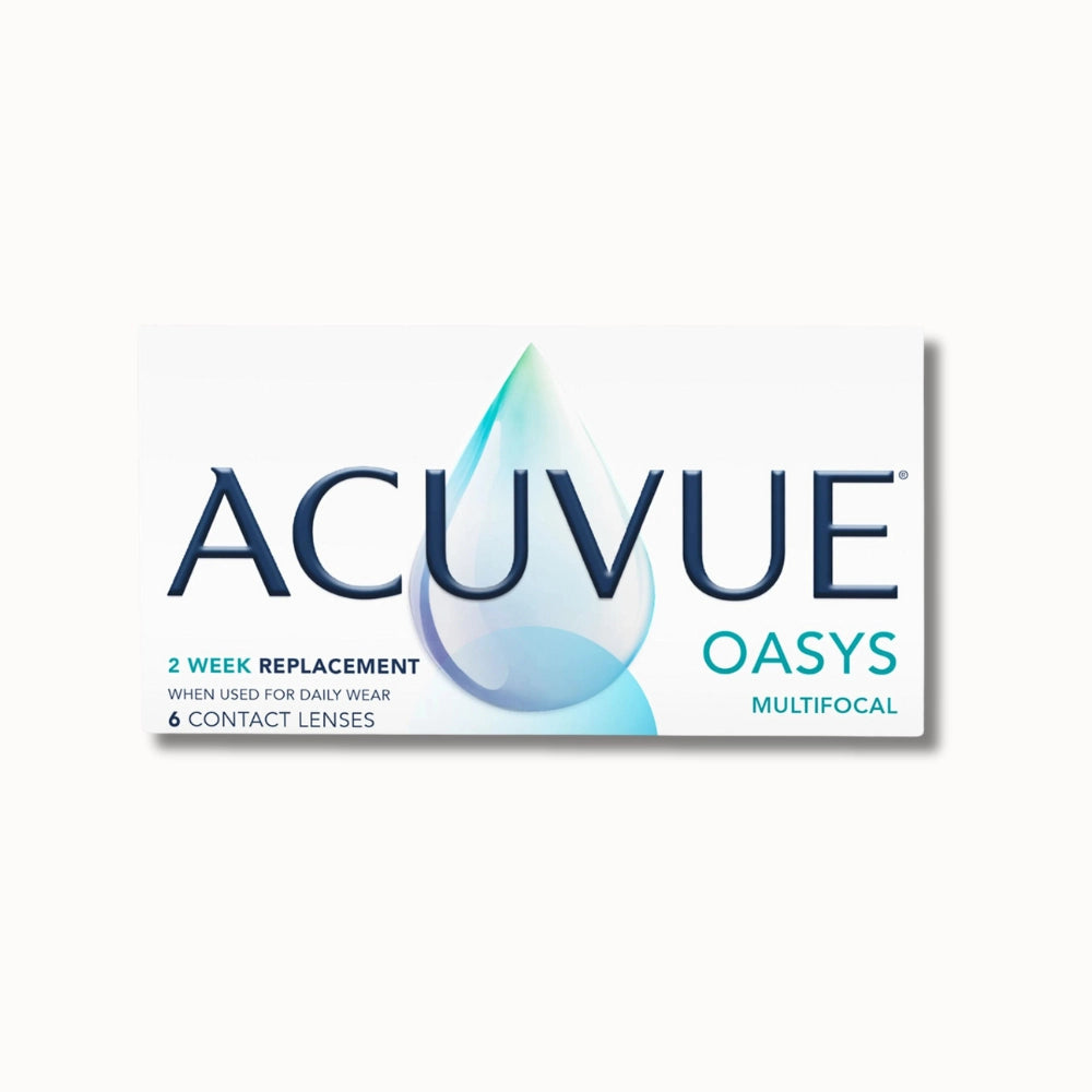 Acuvue Oasys Multifocal contact lens box on tan background