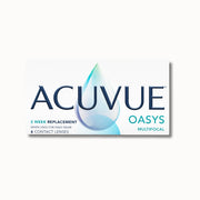 Acuvue Oasys Multifocal contact lens box on tan background