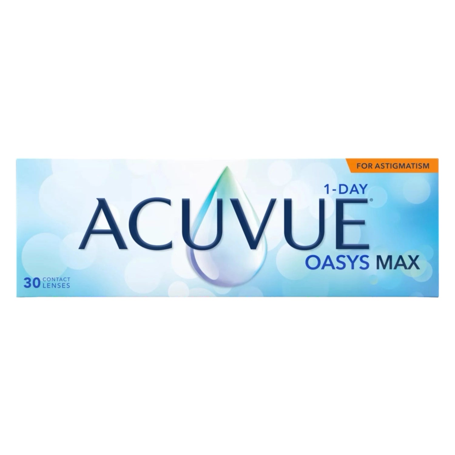 Acuvue 1-Day Oasys Max for astigmatism contact lenses packaging on a white background