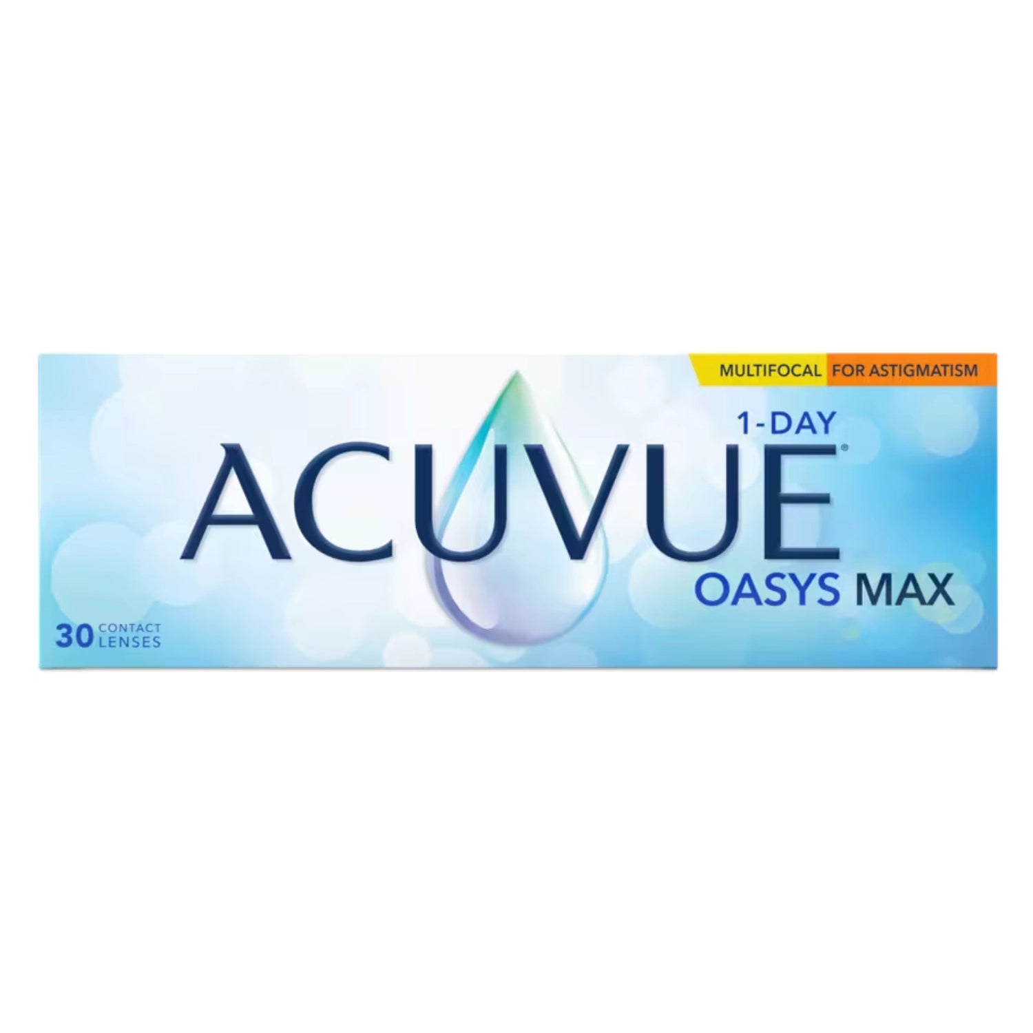 Acuvue Oasys Max 1-Day Multifocal for Astigmatism box of contact lenses on white background