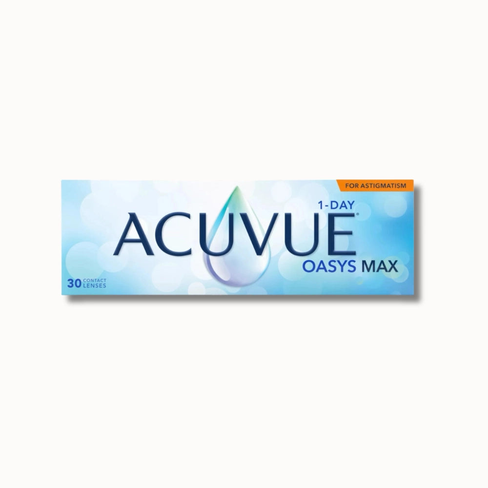 Acuvue 1-Day Oasys Max for astigmatism contact lenses packaging on a white background