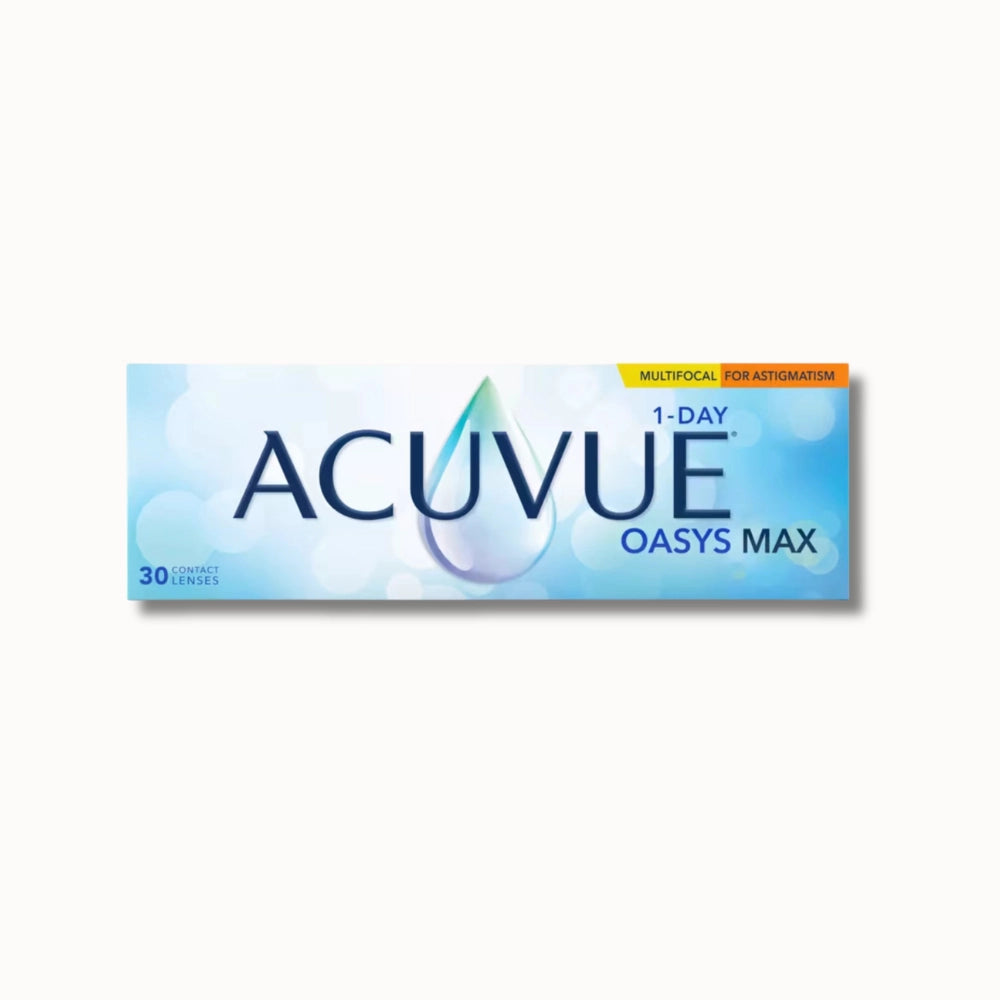 Acuvue Oasys Max 1-Day Multifocal for Astigmatism box of contact lenses on white background