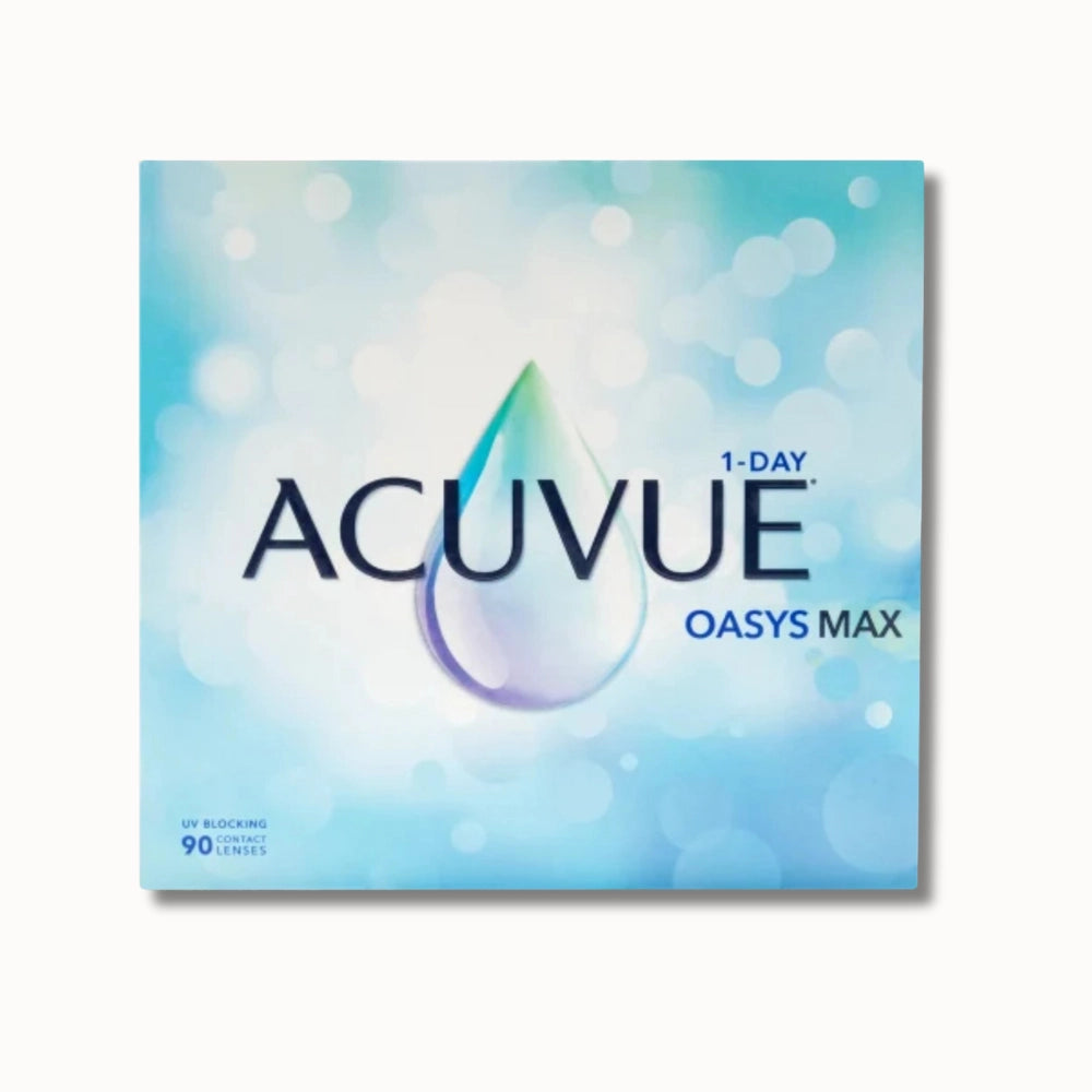 Acuvue 1-Day Oasys Max contact lenses packaging on a white background