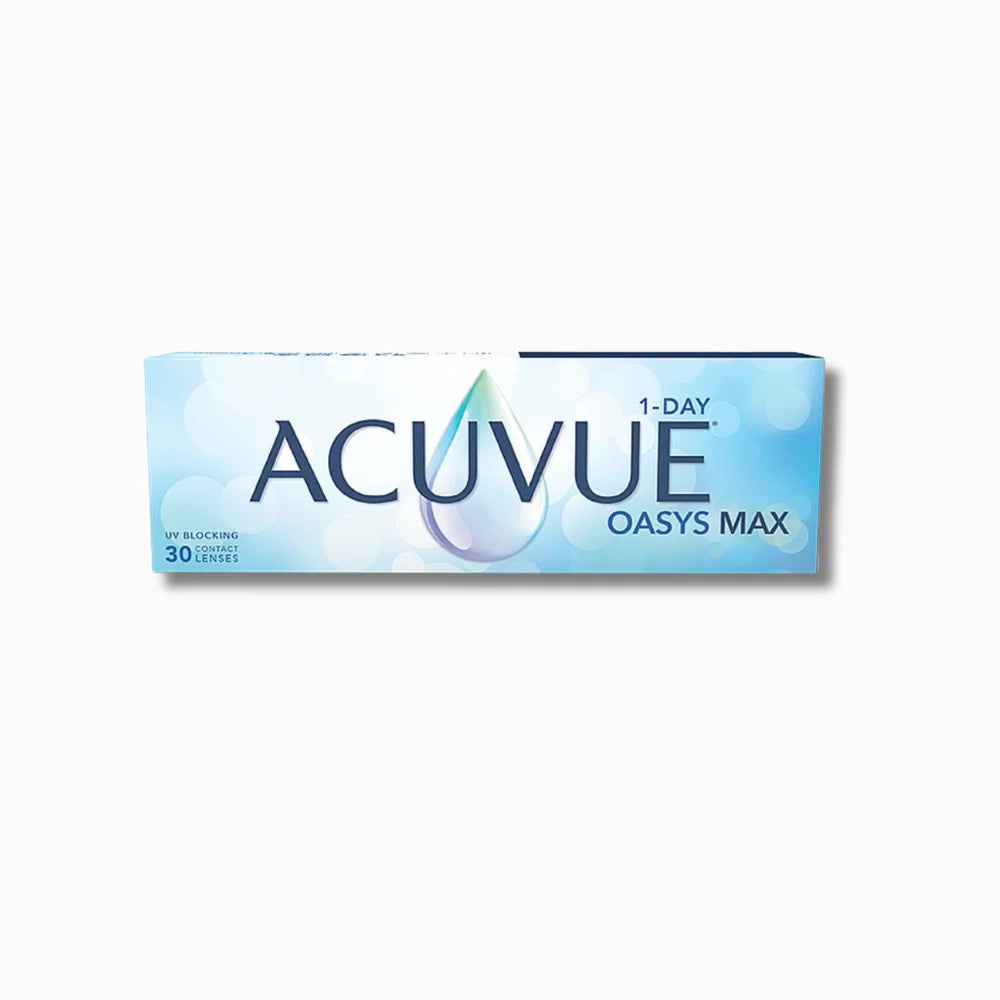 30 pack Acuvue 1-Day Oasys Max contact lenses packaging on a white background