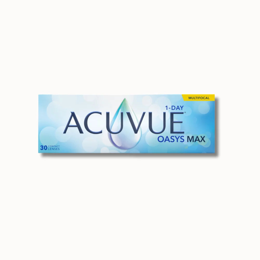 30 pack Acuvue Oasys MAX 1-day contact lenses box on white background
