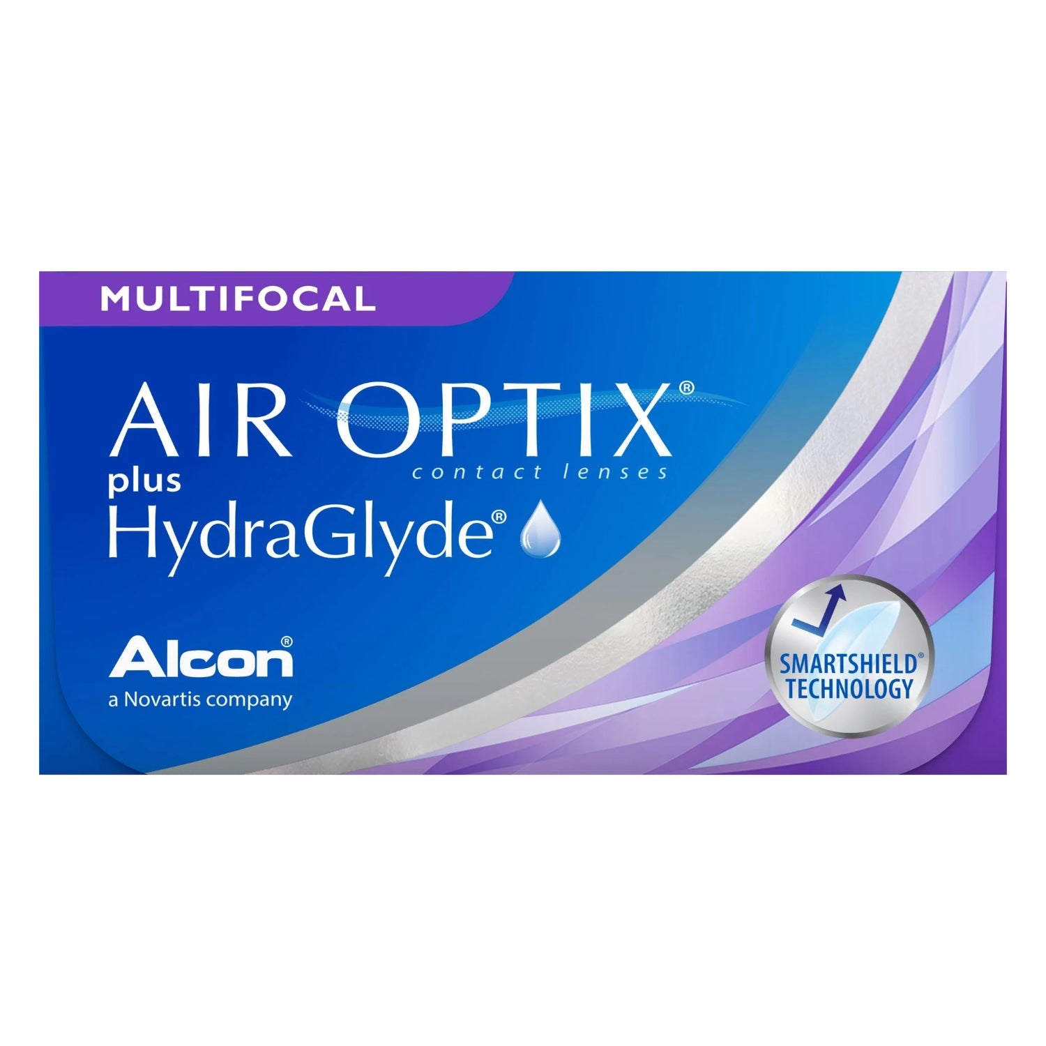 Box of Air Optix plus HydraGlyde contact lenses with Alcon branding on a white background