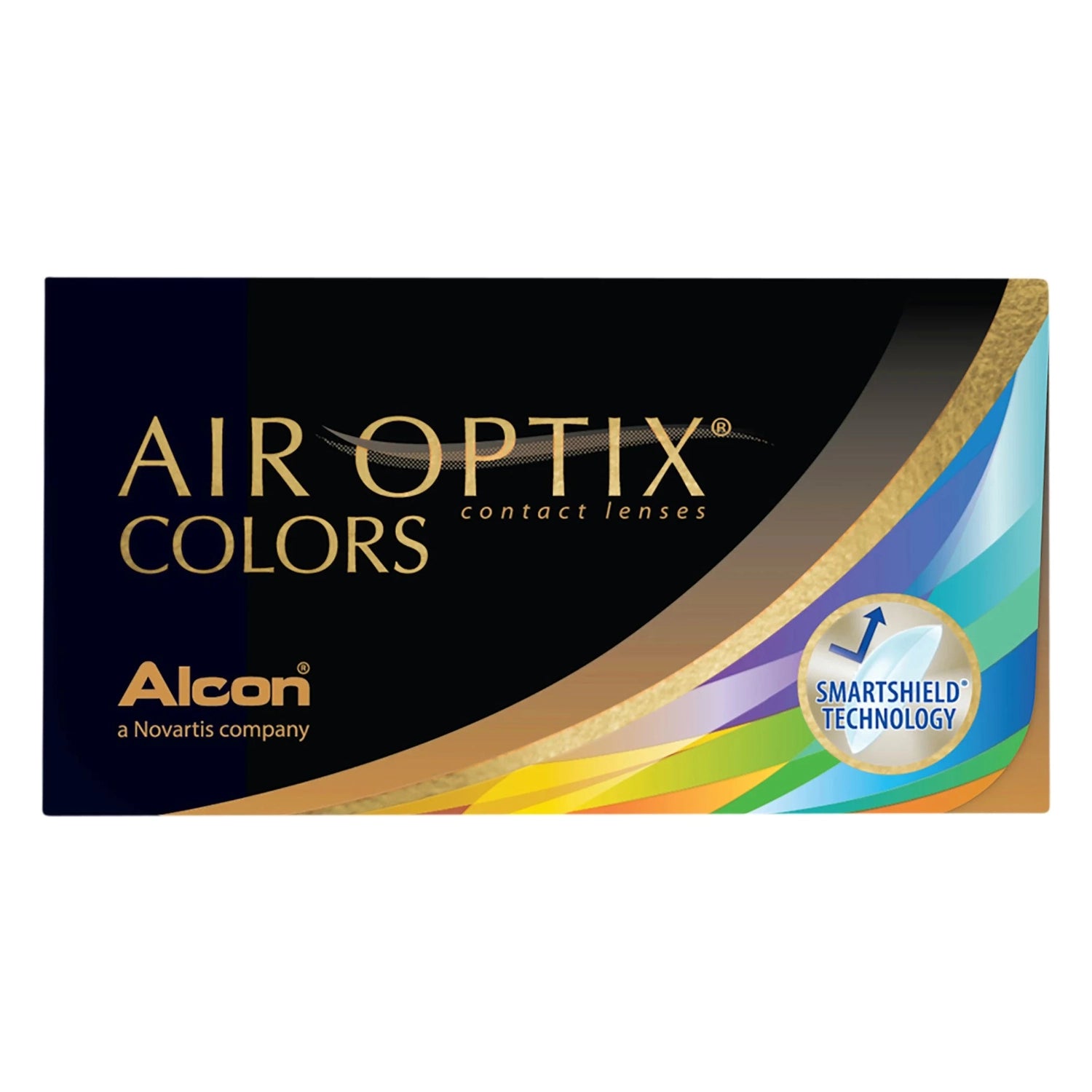 Air Optix Colors contact lenses packaging with Alcon logo and Smartshield Technology badge.