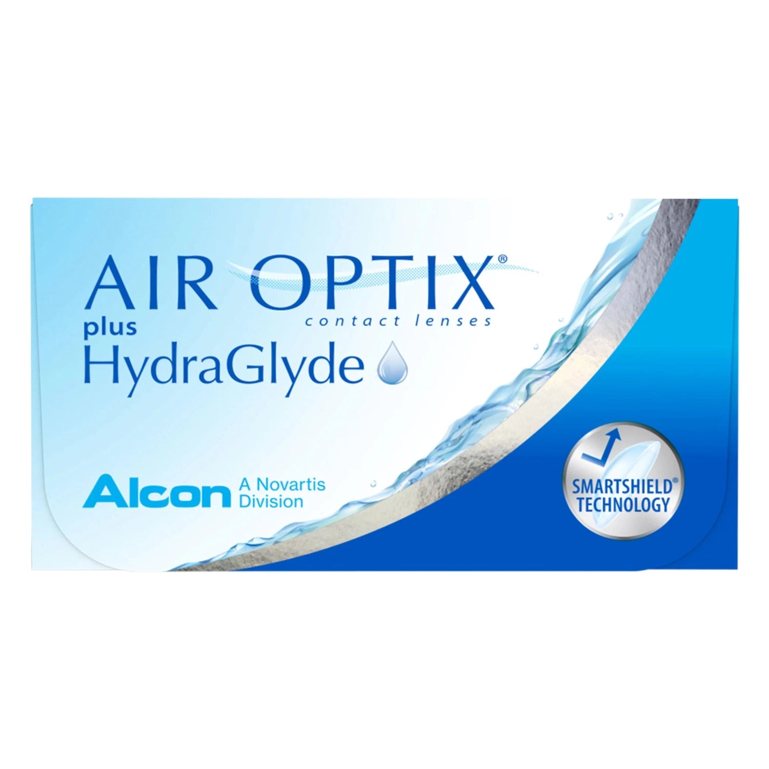 Box of Air Optix plus HydraGlyde contact lenses with Alcon branding on a white background