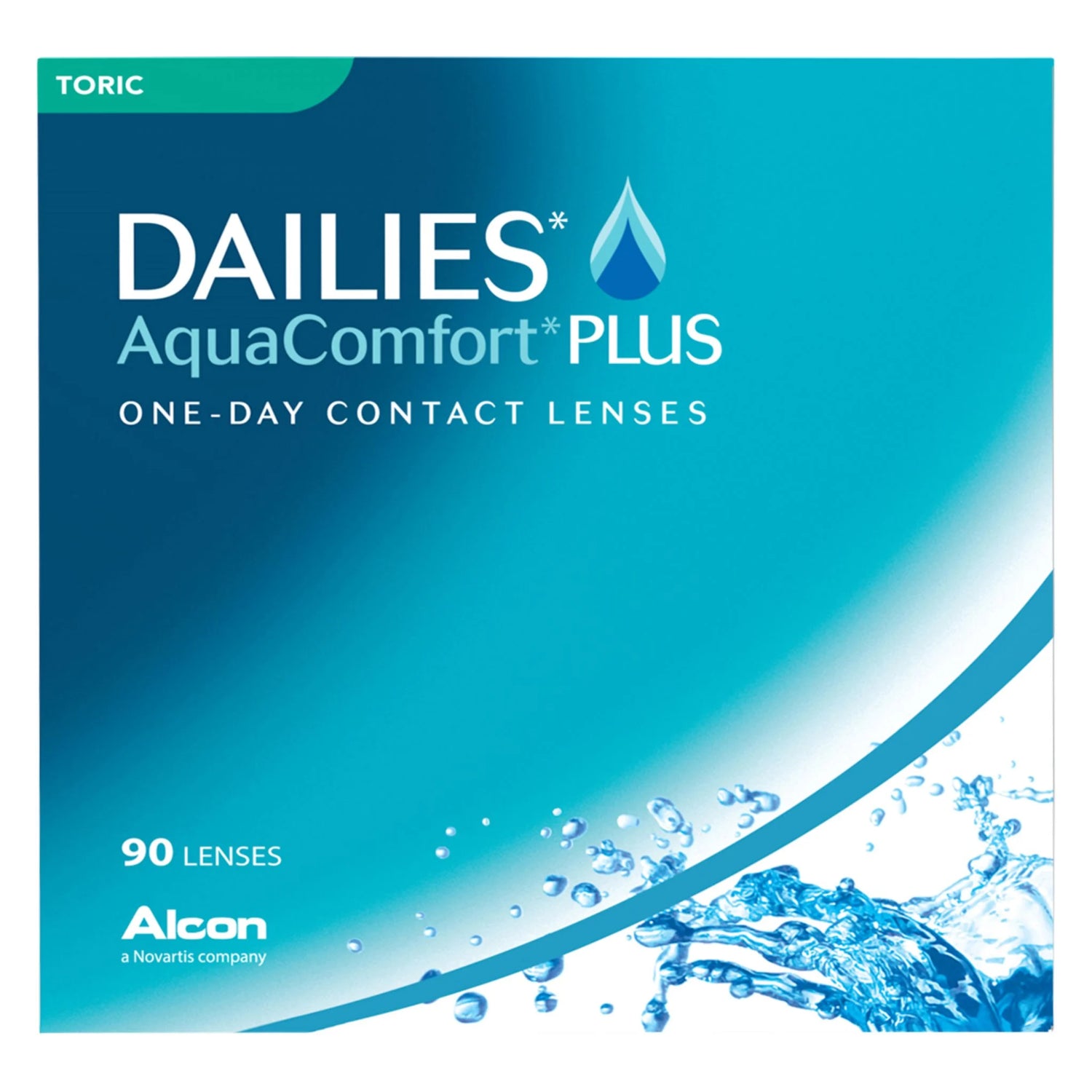 Alcon Dailies AquaComfort Plus Toric contact lenses box on white background