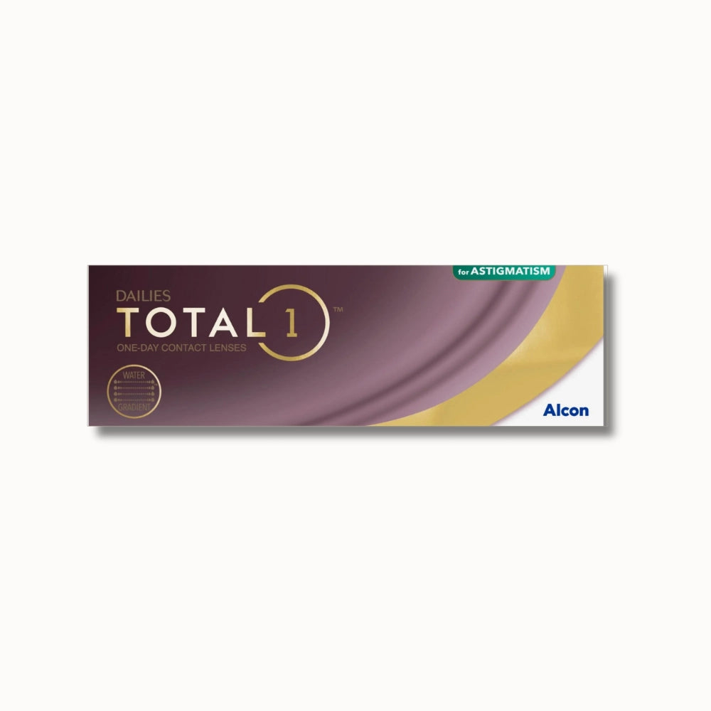 30 pack Alcon's Dailies Total 1 for Astigmatism contacts box on white background