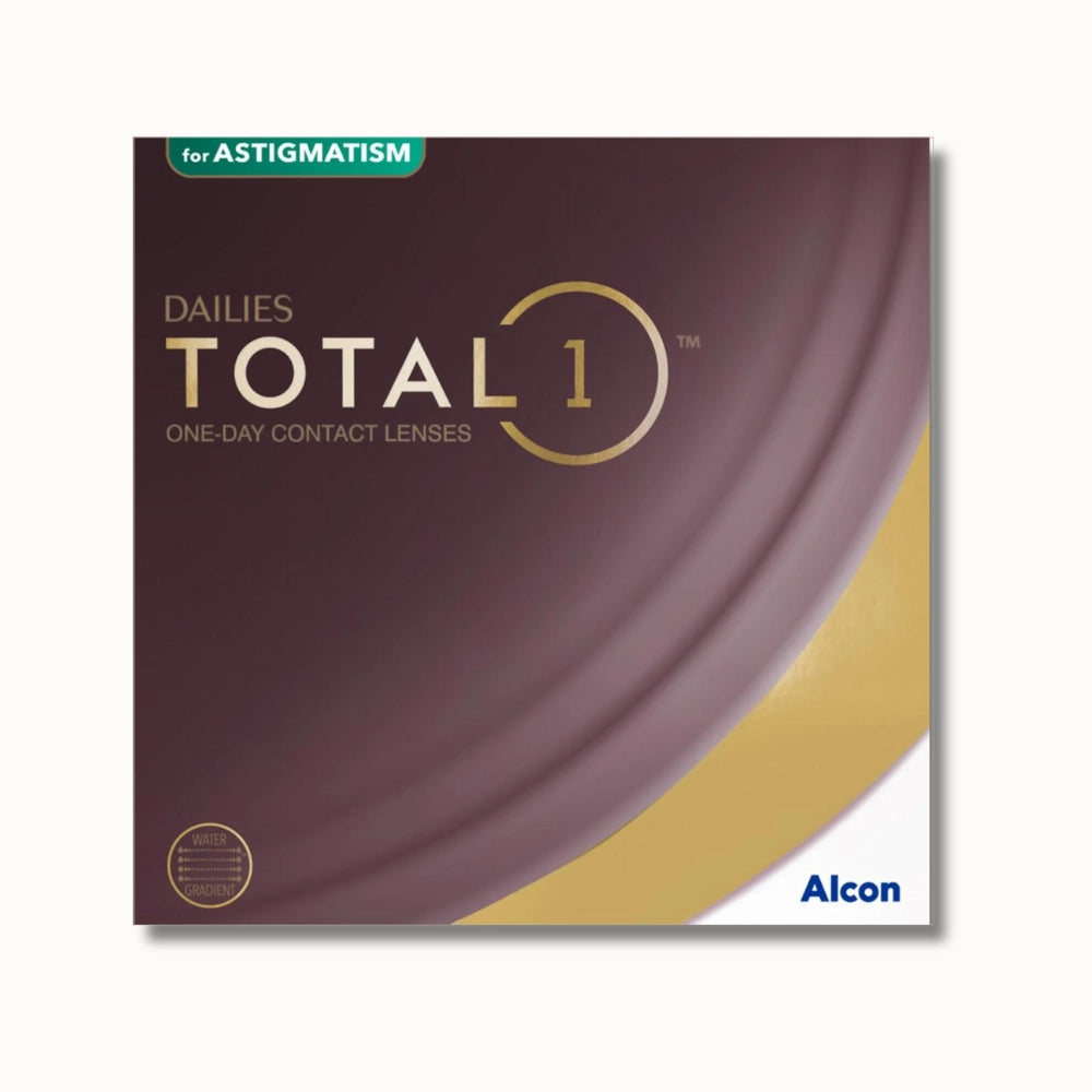 Alcon's Dailies Total 1 for Astigmatism contacts box on white background