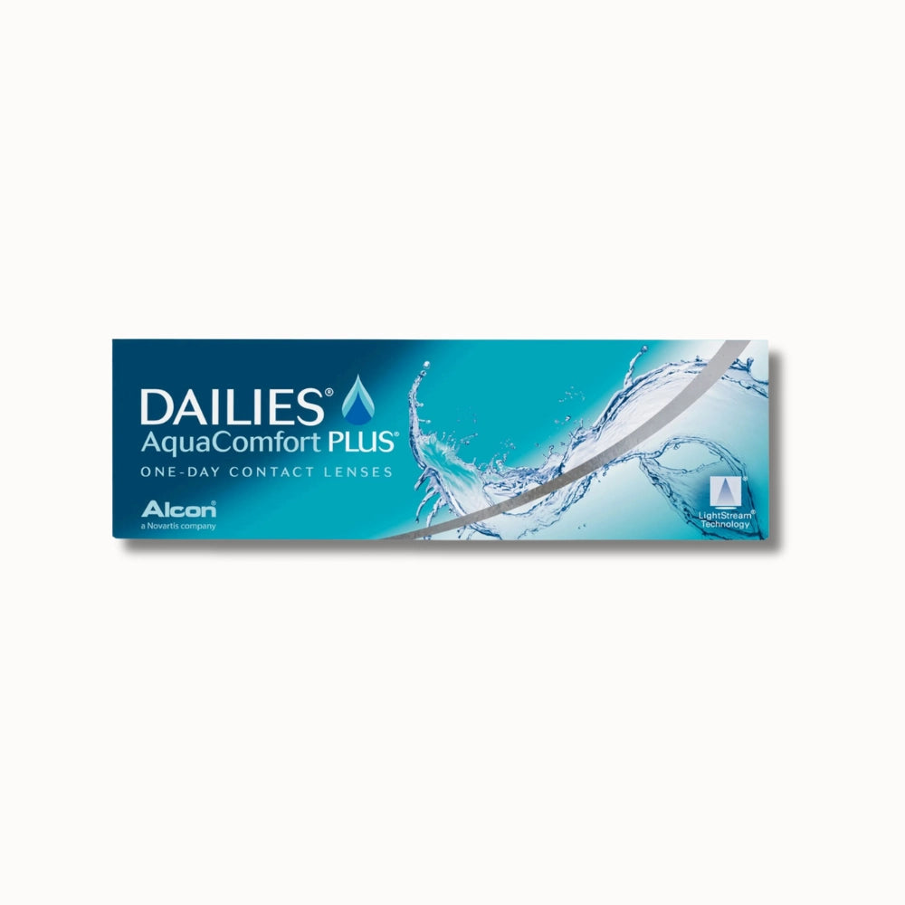30 pack Alcon Dailies AquaComfort Plus contact lens box on white background