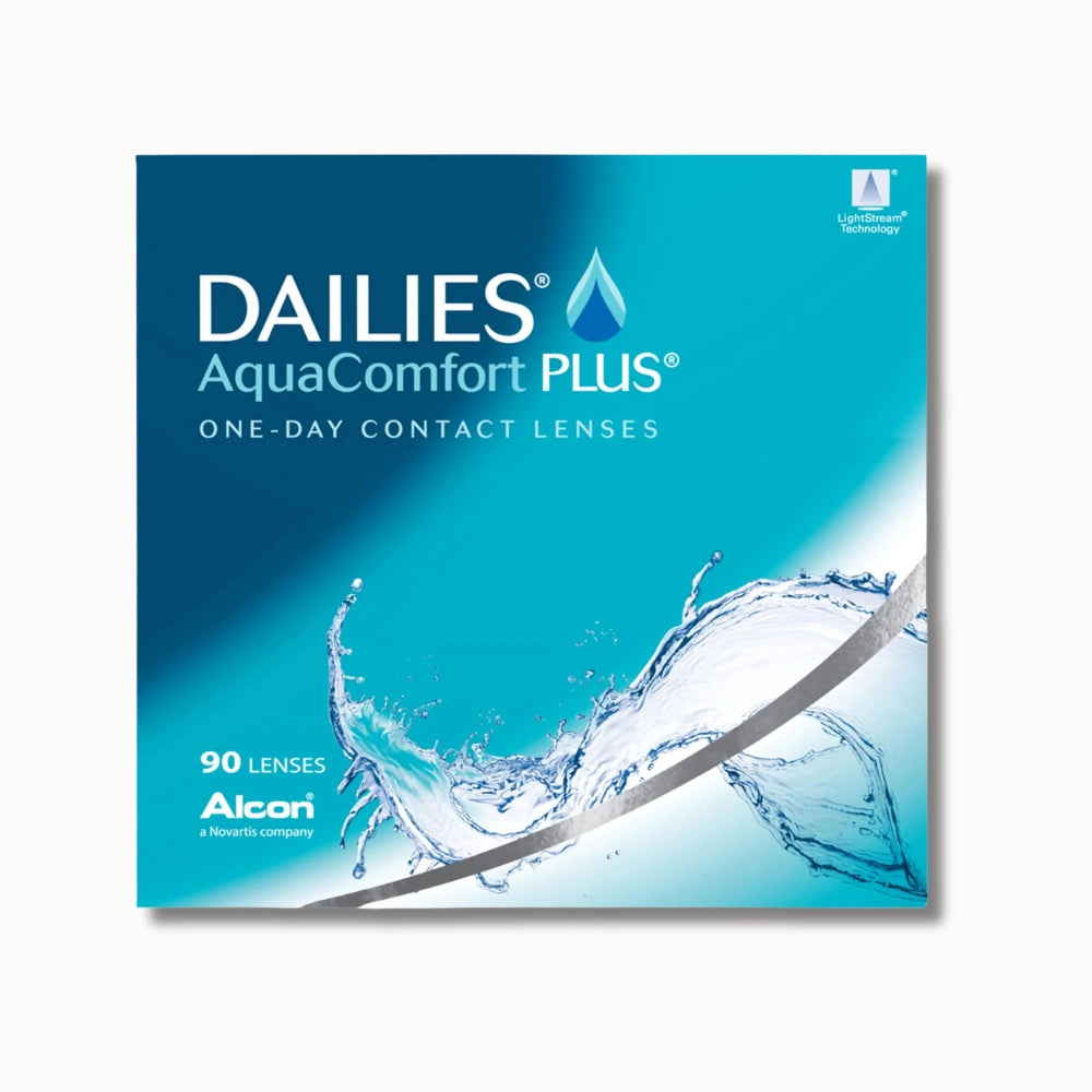 Alcon Dailies AquaComfort Plus contact lens box on white background