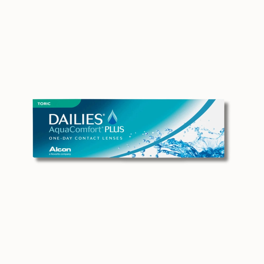 30 pack Alcon Dailies AquaComfort Plus Toric contact lenses box on white background