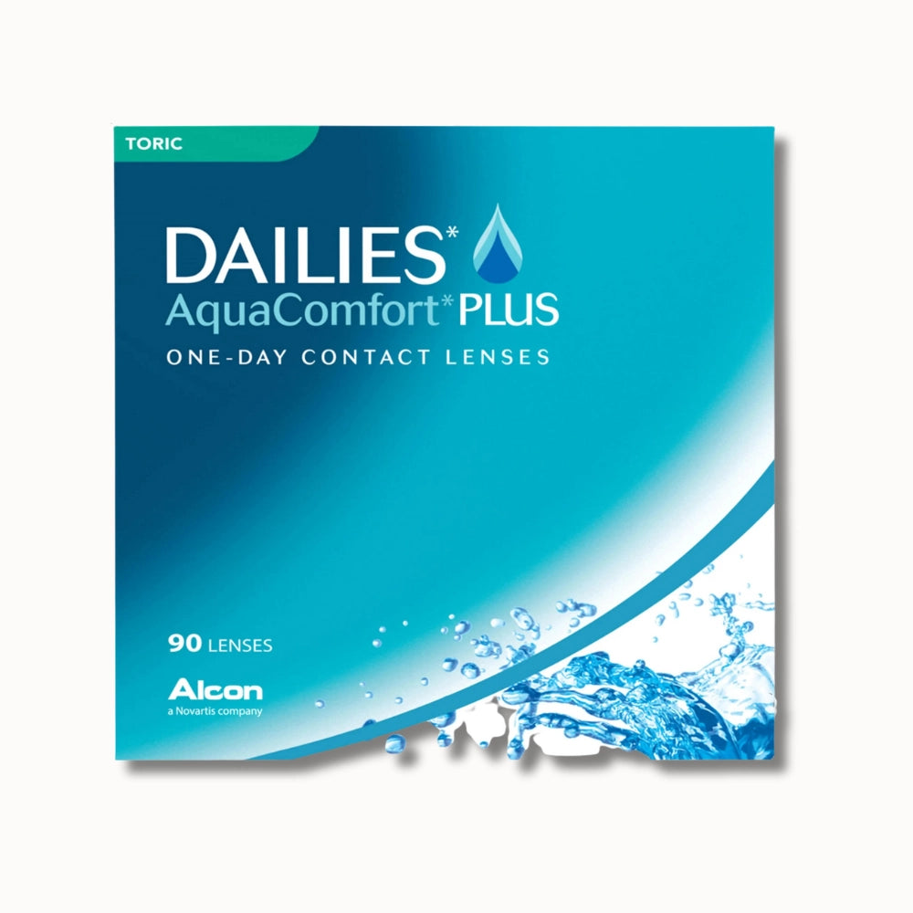 Alcon Dailies AquaComfort Plus Toric contact lenses box on white background