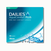 Alcon Dailies AquaComfort Plus Toric contact lenses box on white background