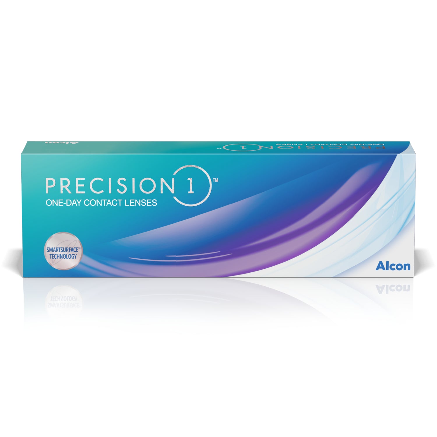 Box of Precision 1 one-day contact lenses with Alcon branding on a blue gradient background