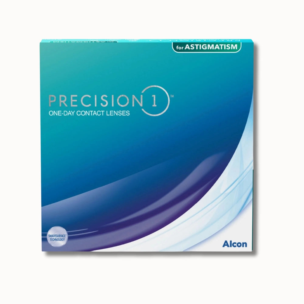 Alcon Precision 1 for Astigmatism box of contact lenses on white background