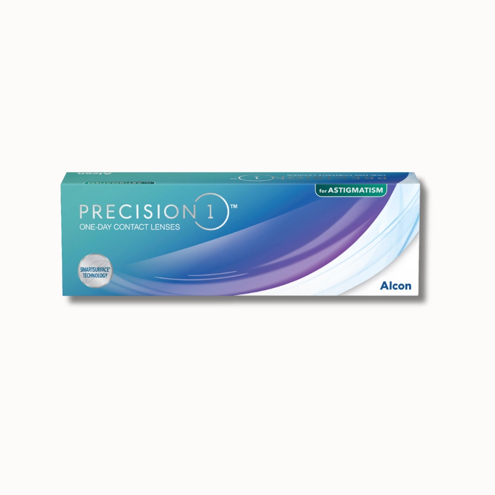 30 pack Alcon Precision 1 for Astigmatism box of contact lenses on white background
