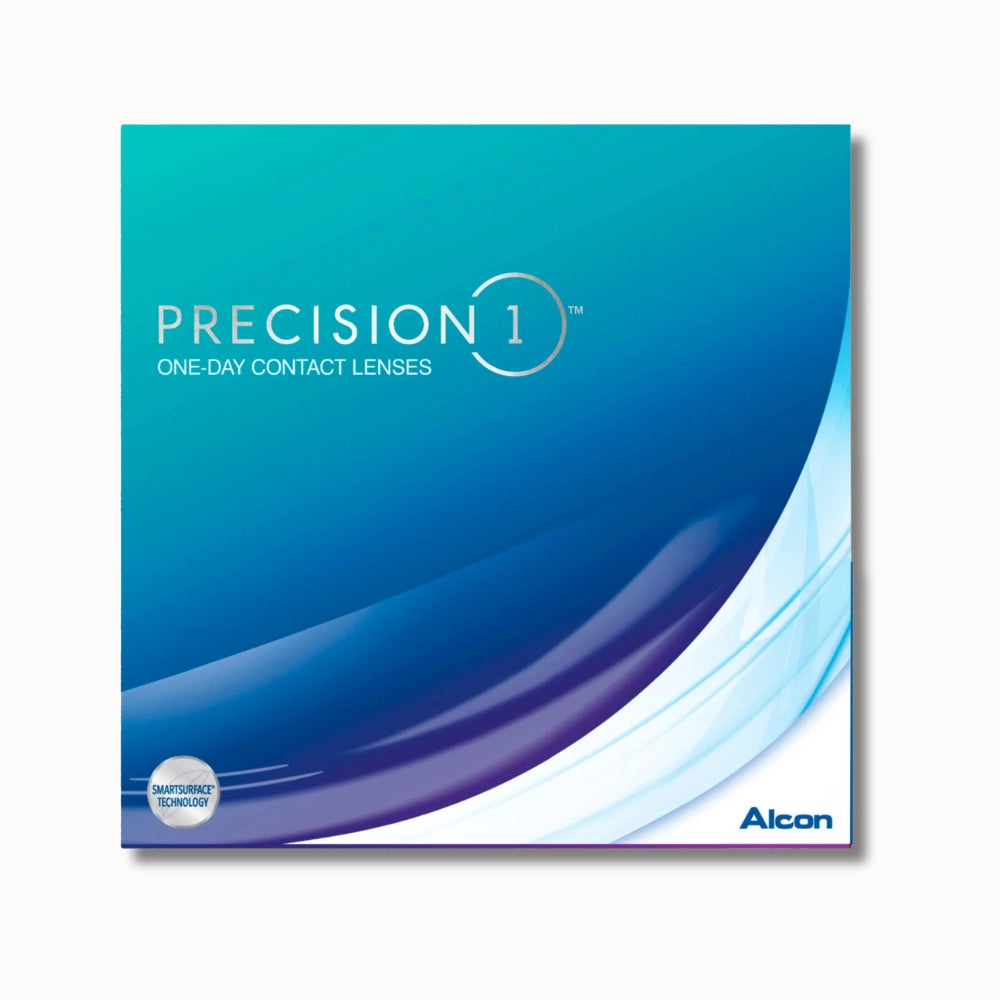 Box of Precision 1 one-day contact lenses with Alcon branding on a white background