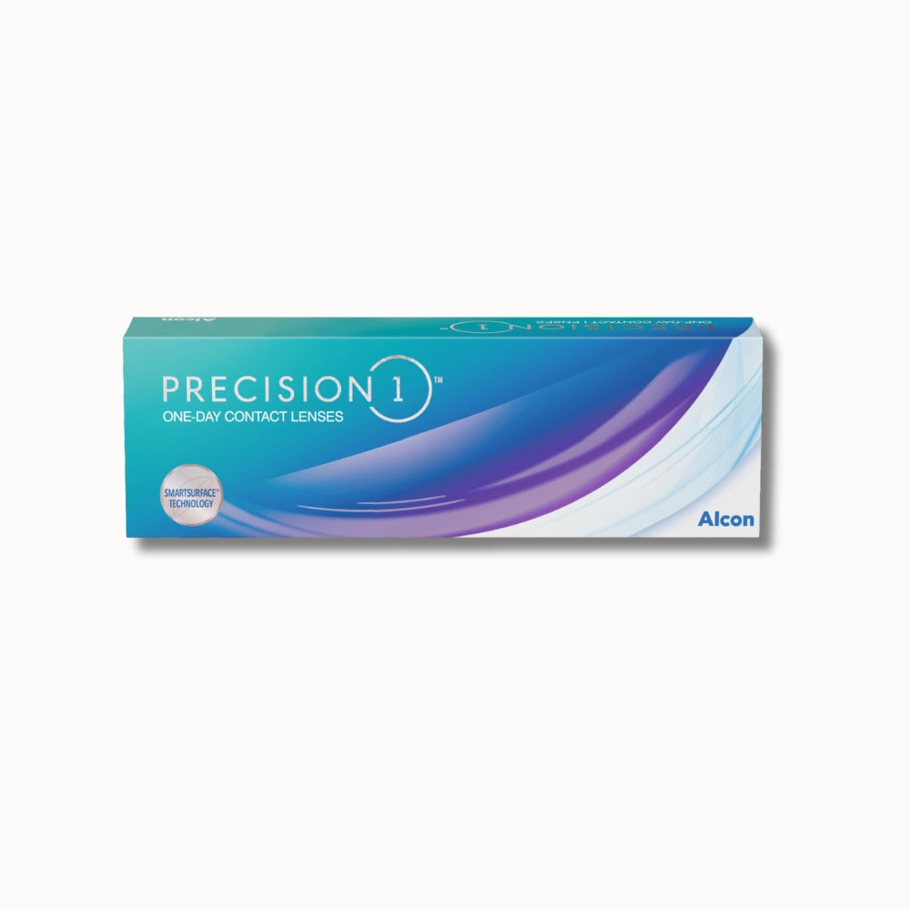 Box of Precision 1 one-day contact lenses by Alcon on a white background