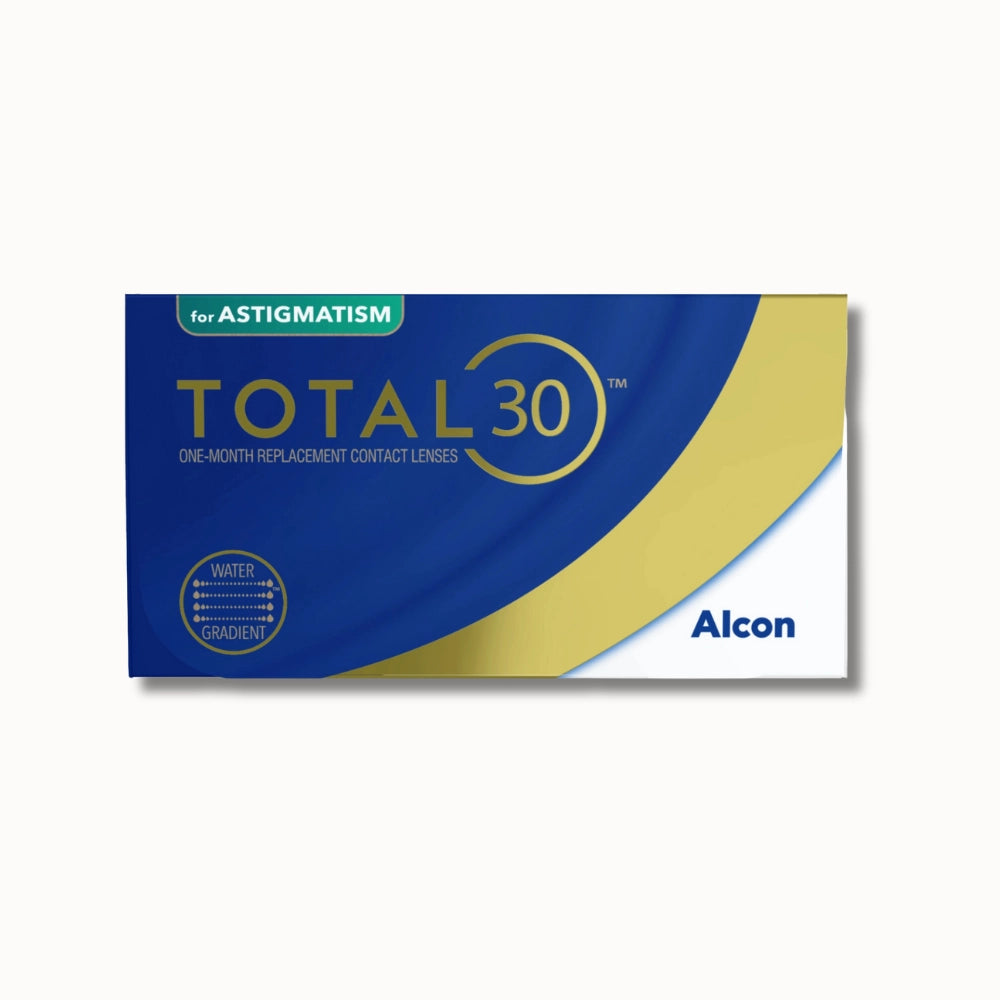 Alcon Total 30 for Astigmatism contact lenses packaging on a white background