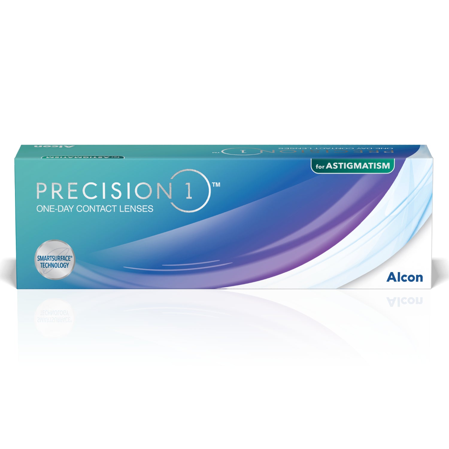 Alcon Precision 1 for Astigmatism box of contact lenses on white background