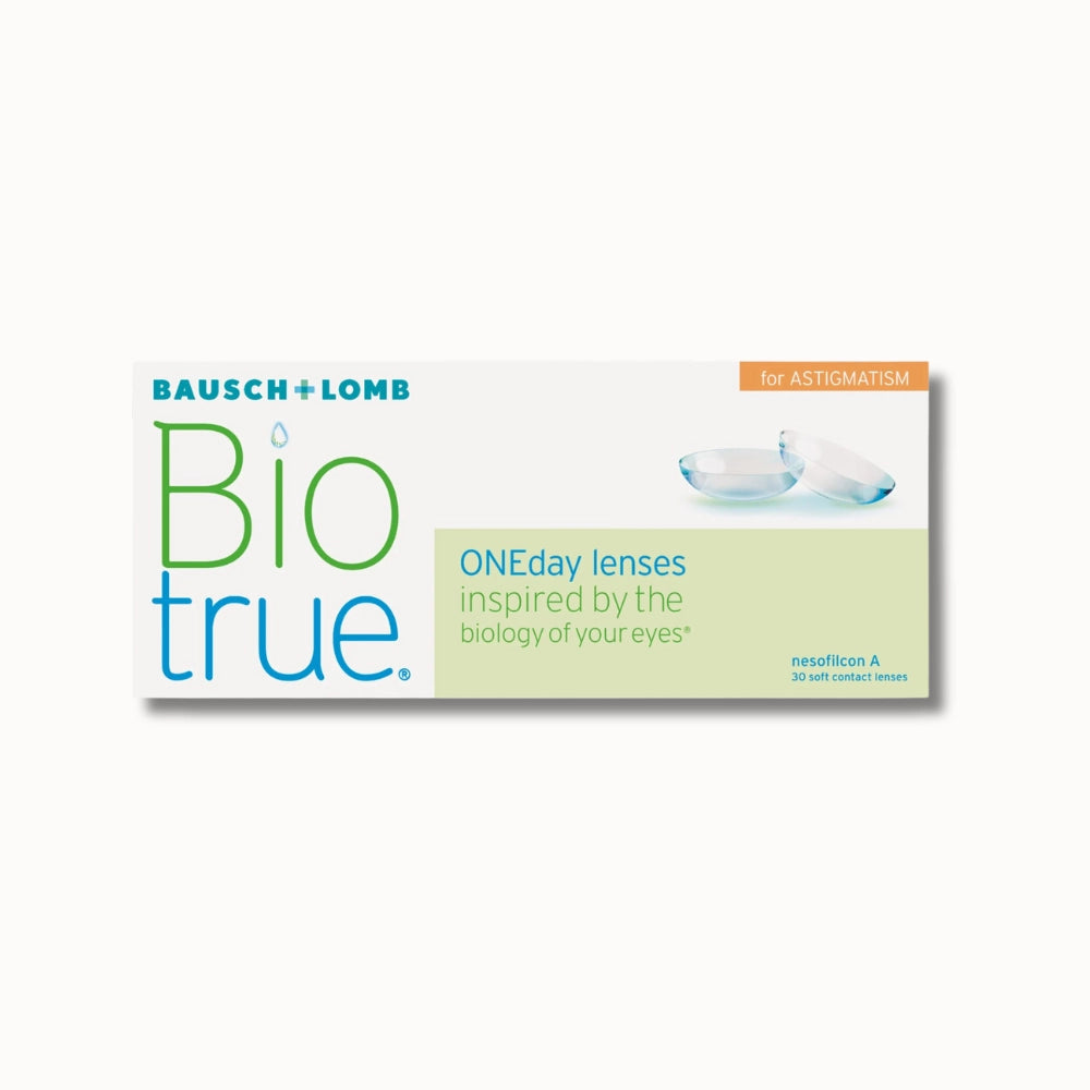 30 pack Bausch & Lomb Biotrue contact lenses packaging for astigmatism on a white background