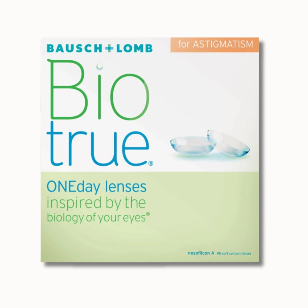 Bausch & Lomb Biotrue contact lenses packaging for astigmatism on a white background