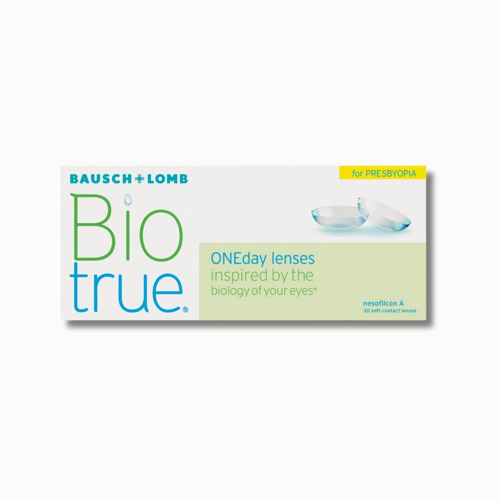Bausch & Lomb Biotrue ONEday for presbyopia contact lenses packaging on a white background