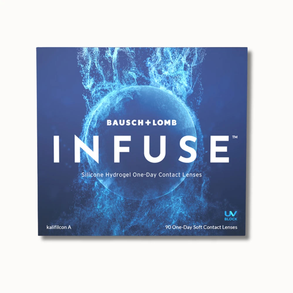 Bausch + Lomb Infuse contact lenses packaging with blue abstract design