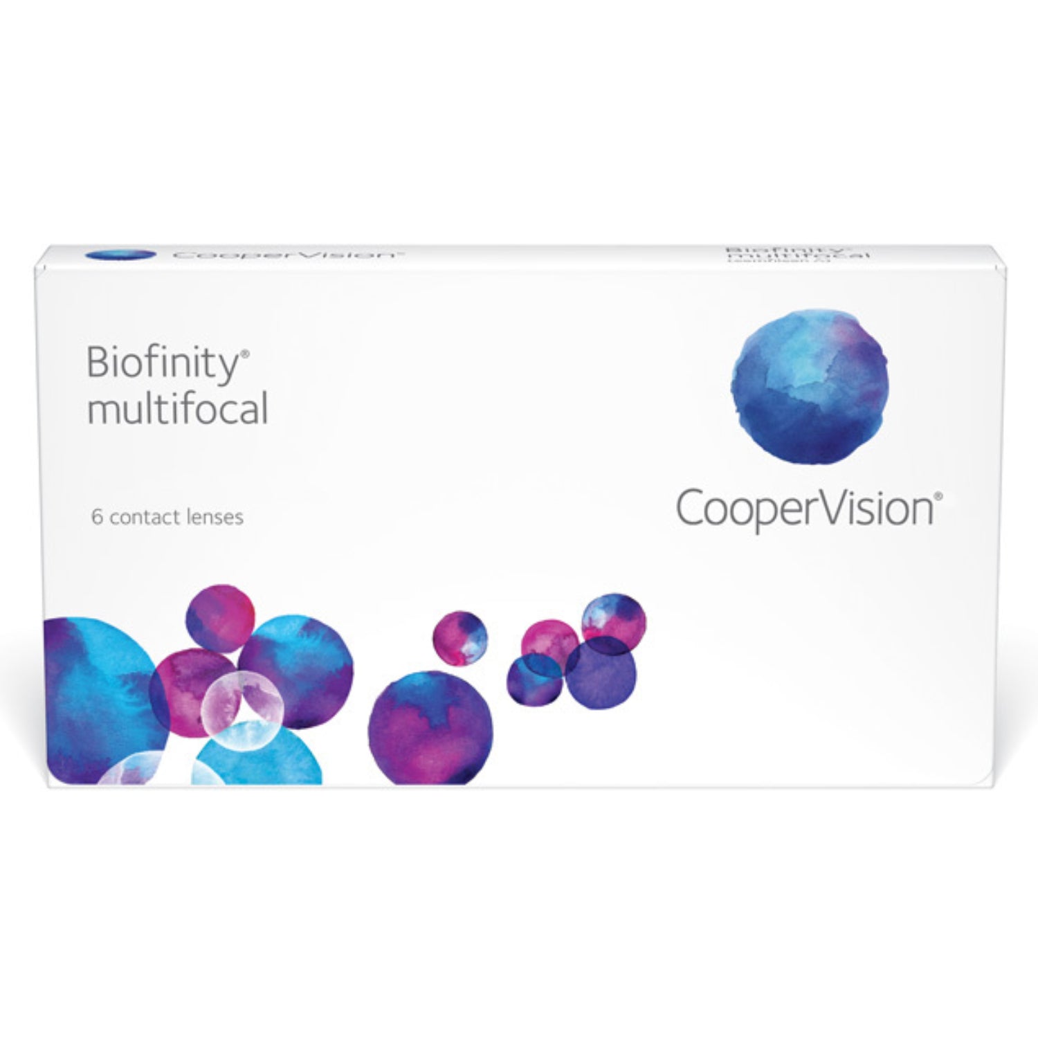 Box of Biofinity multifocal contact lenses by CooperVision on a white background