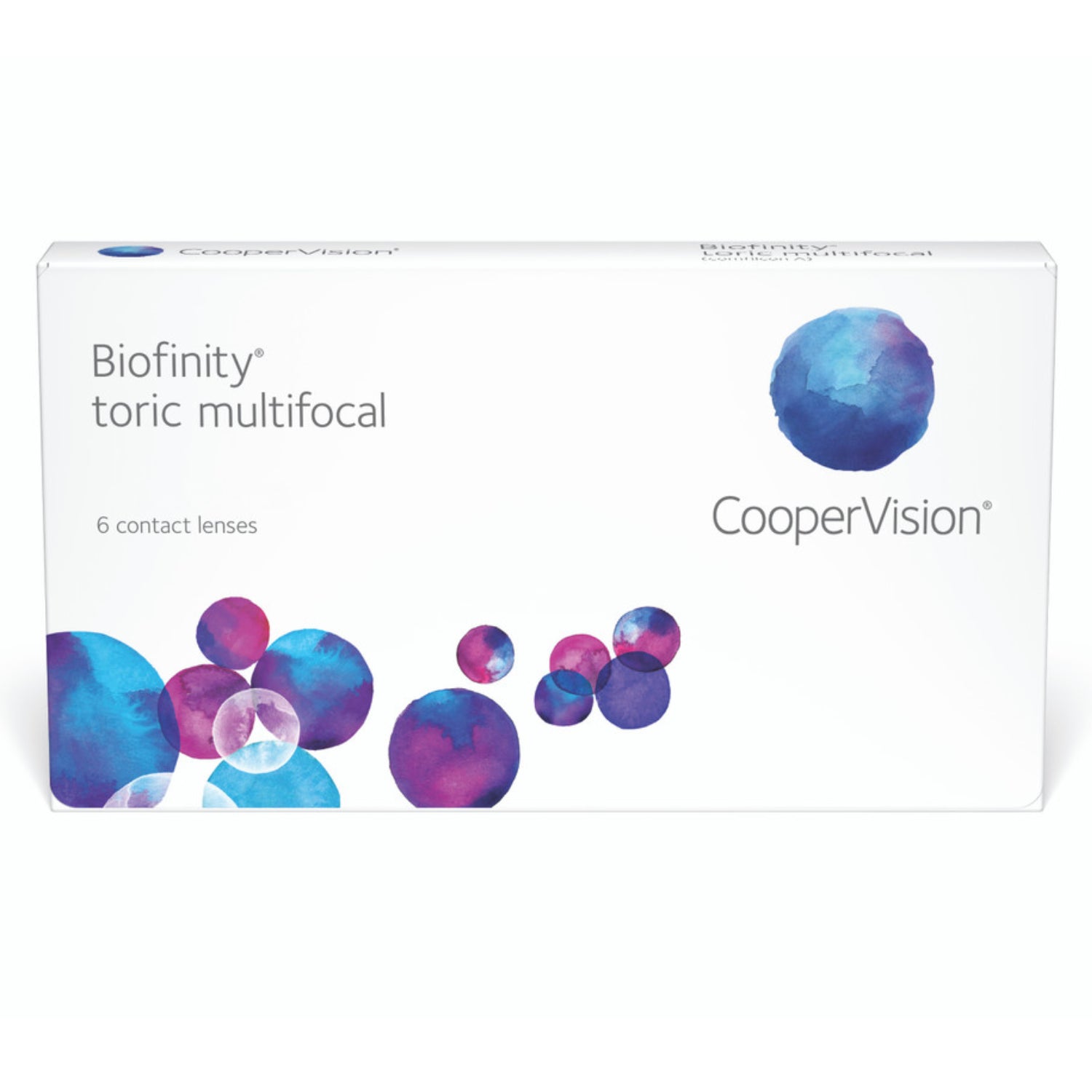 Box of Biofinity toric multifocal contact lenses by CooperVision on a white background