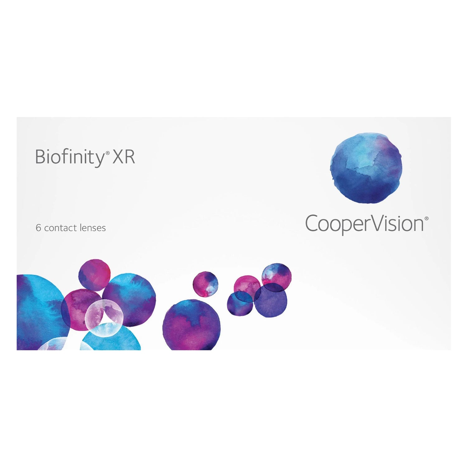 CooperVision Biofinity XR contact lenses packaging with colorful lens illustrations on a white background.