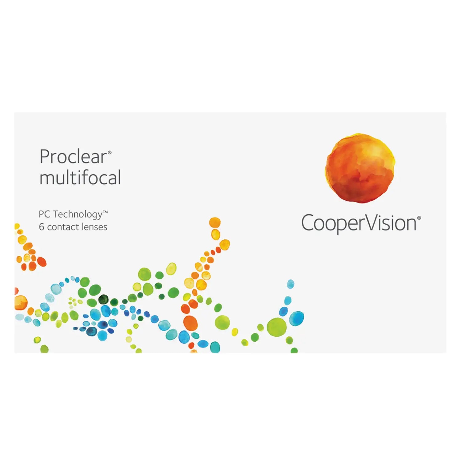 CooperVision Proclear multifocal contact lenses packaging with colorful design elements on a white background.