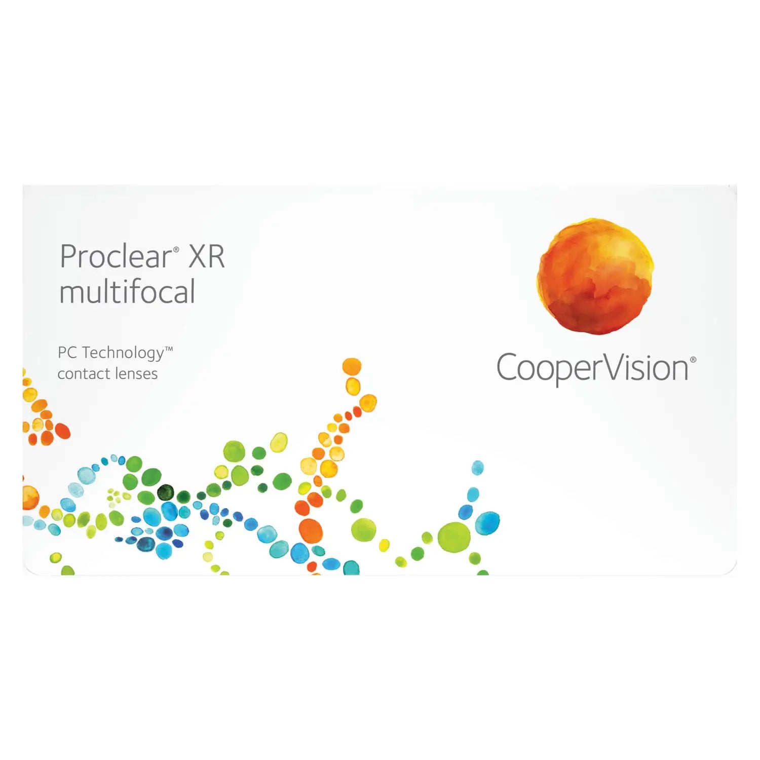 CooperVision Proclear XR multifocal contact lenses packaging with colorful design elements on a white background.