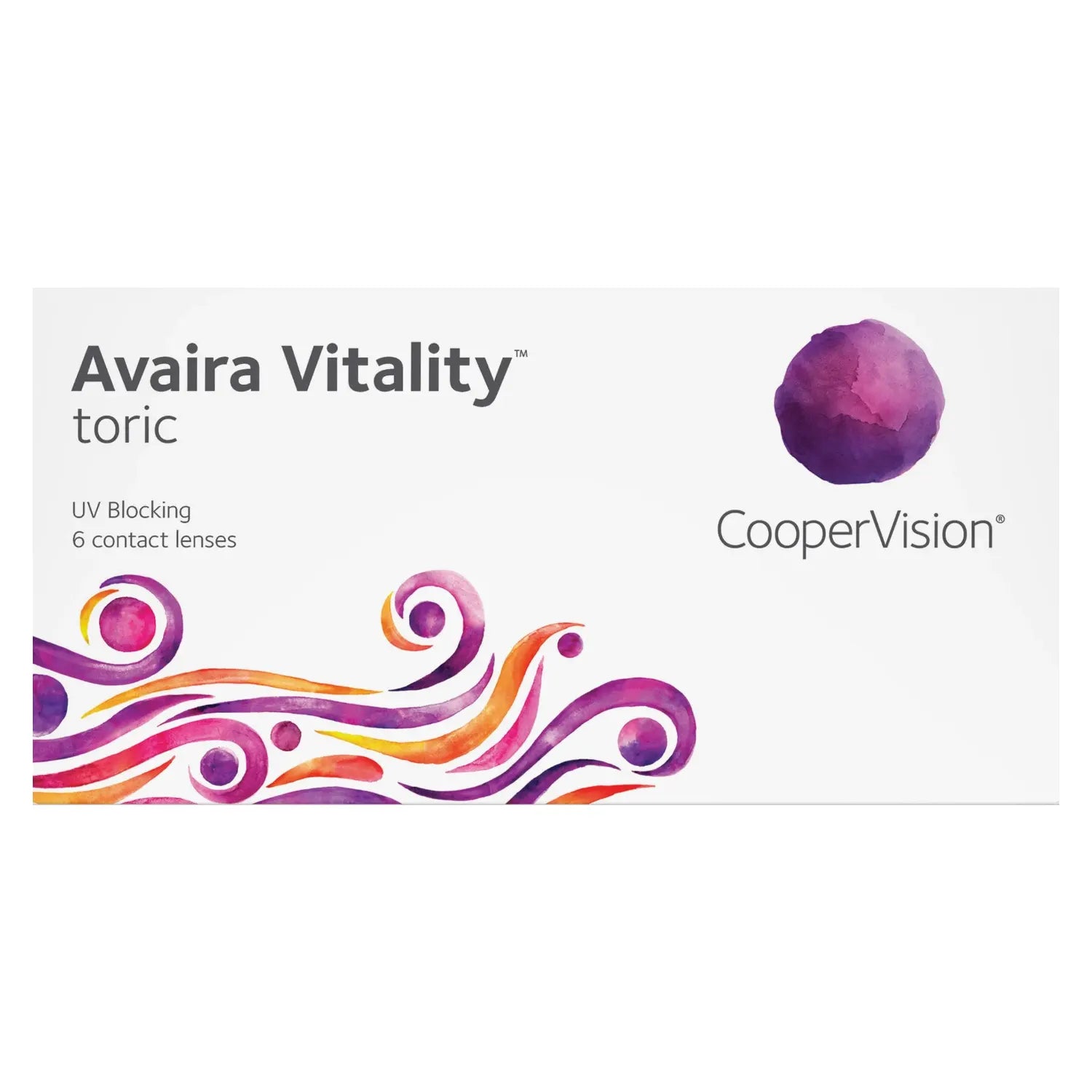 Avaira Vitality toric contact lenses packaging with colorful design and CooperVision branding.